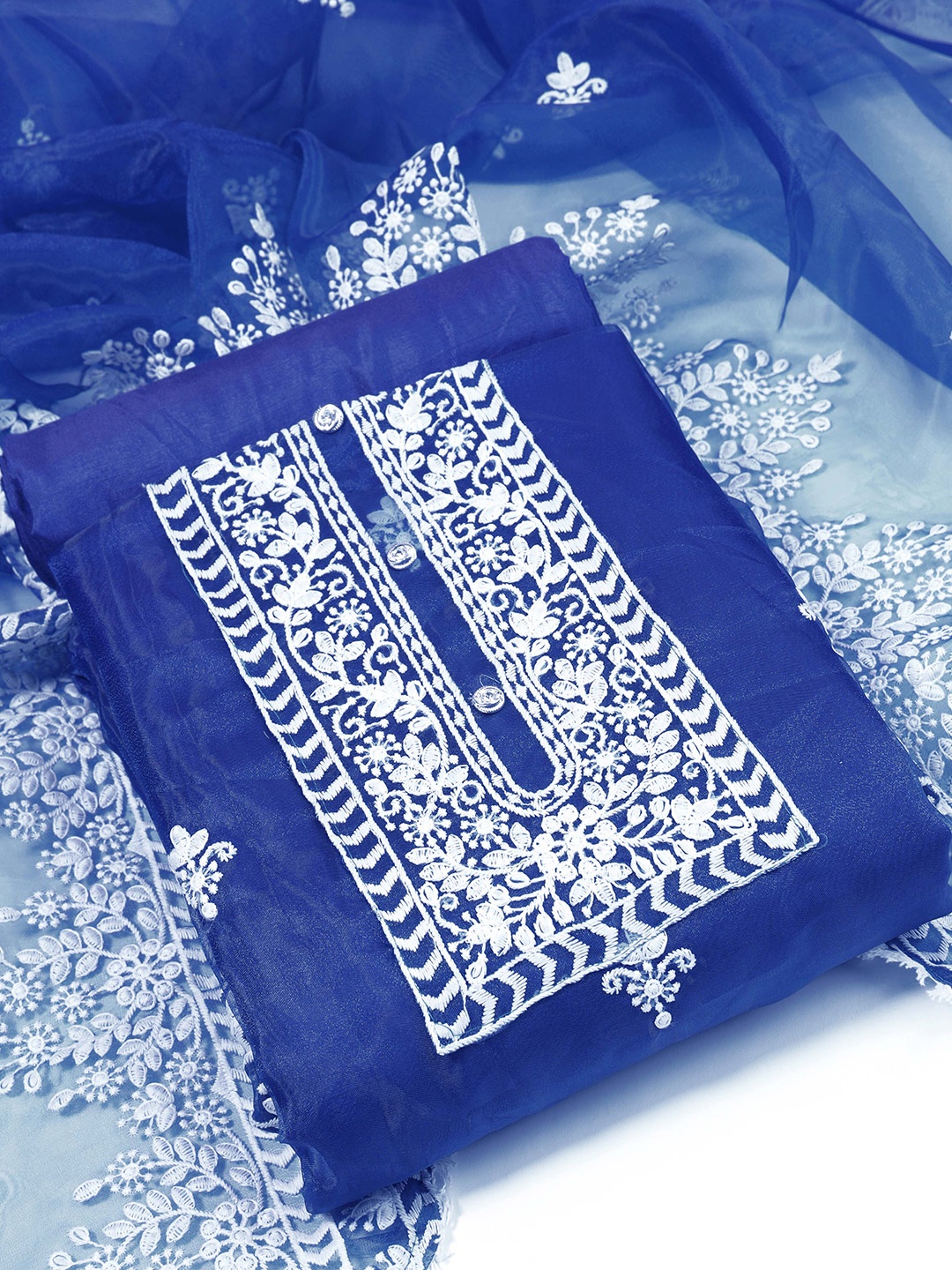 

Sun Fashion And Lifestyle Ethnic Motifs Embroidered Organza Unstitched Dress Material, Blue