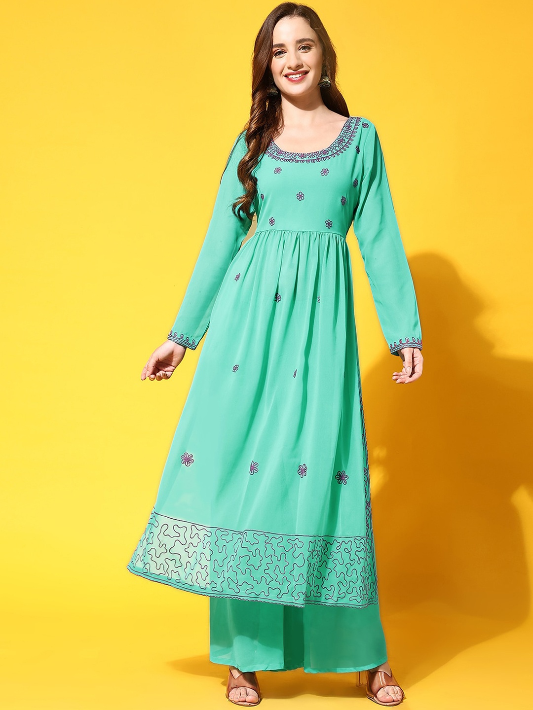 

Poshak Hub Floral Embroidered Thread Work Georgette A-Line Kurta With Palazzos, Turquoise blue