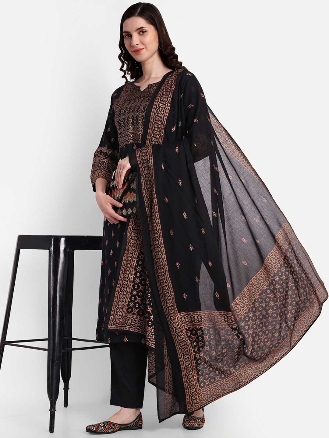 

githaan Ethnic Motifs Printed Regular Kurta with Trousers & Dupatta, Black