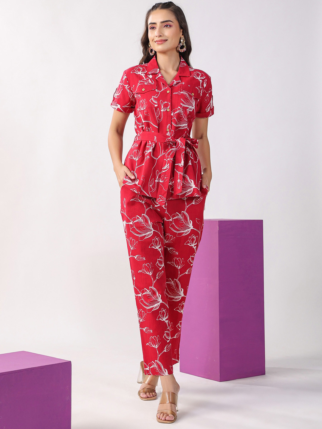 

JISORA Floral Printed Pure Cotton Night suit, Red