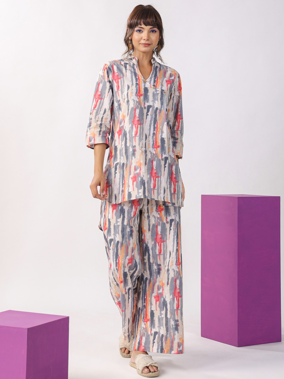 

JISORA Abstract Printed Pure Cotton Nightsuit, Grey