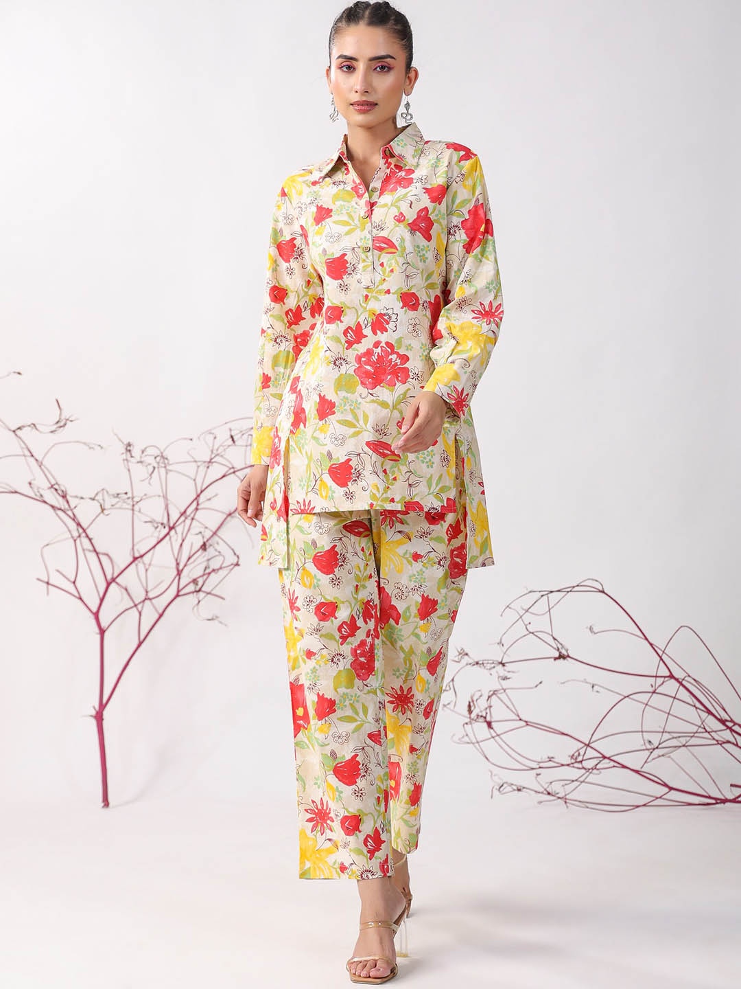 

JISORA Pure Cotton Floral Printed Top With Trousers Co-Ords, Off white