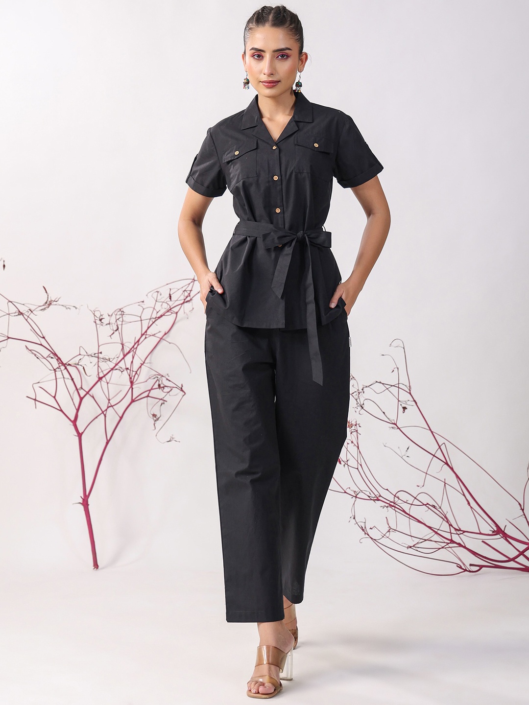 

JISORA Shirt Collar Pure Cotton Night suit, Black