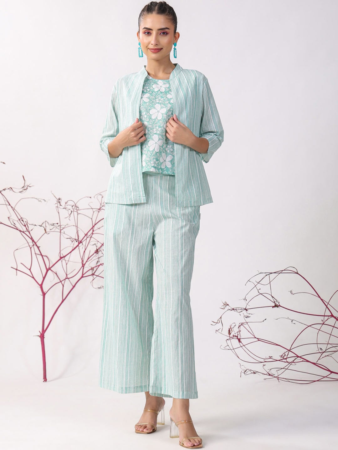 

JISORA Pure Cotton Printed Top And Trousers With Shrug Co-Ords, Blue