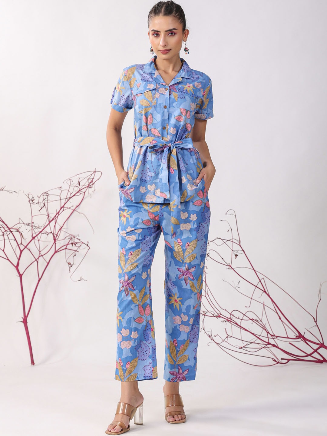 

JISORA Pure Cotton Floral Printed Night suit, Blue