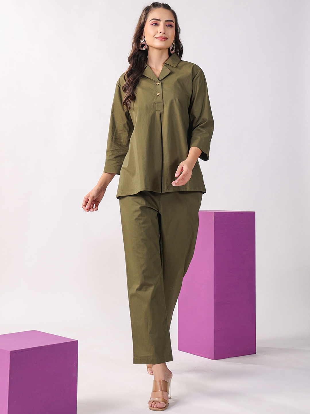 

JISORA Pure Cotton Shirt With Trousers Co-Ords, Olive