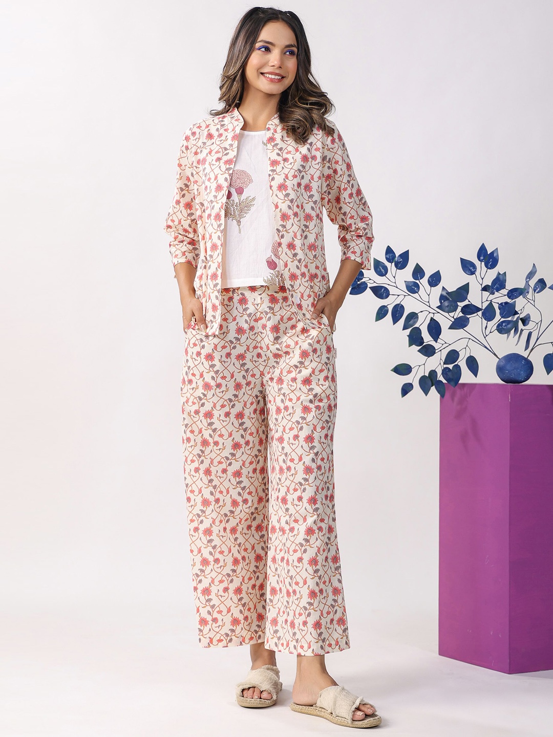 

JISORA Printed Pure Cotton Top With Trousers & Shrug, Pink