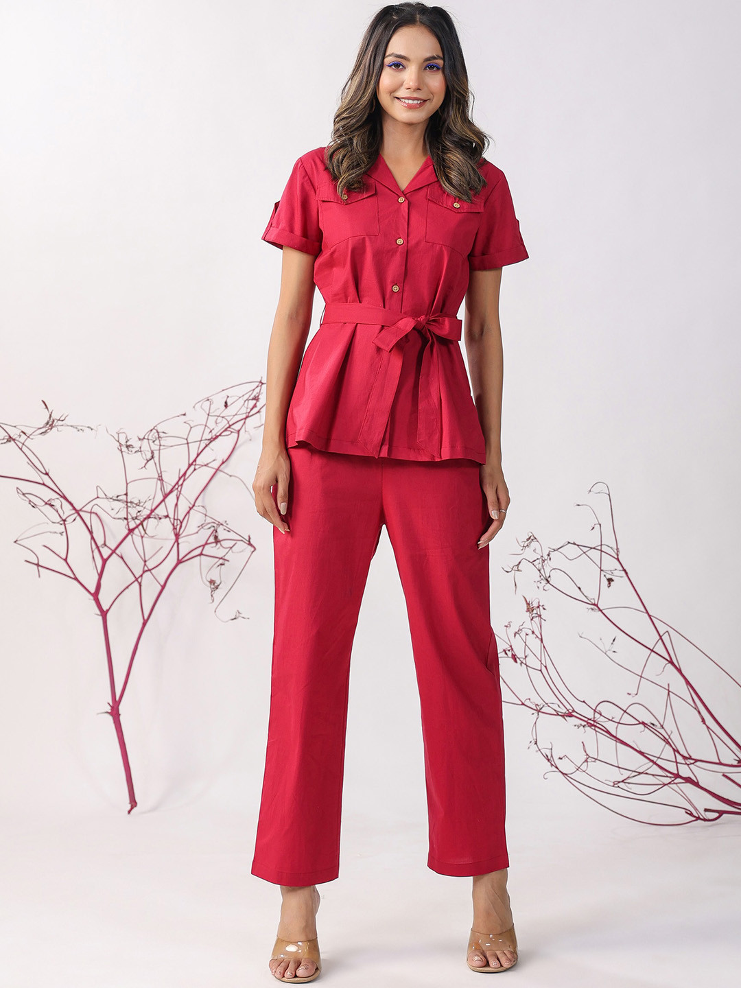 

JISORA Shirt Collar Pure Cotton Night suit, Maroon