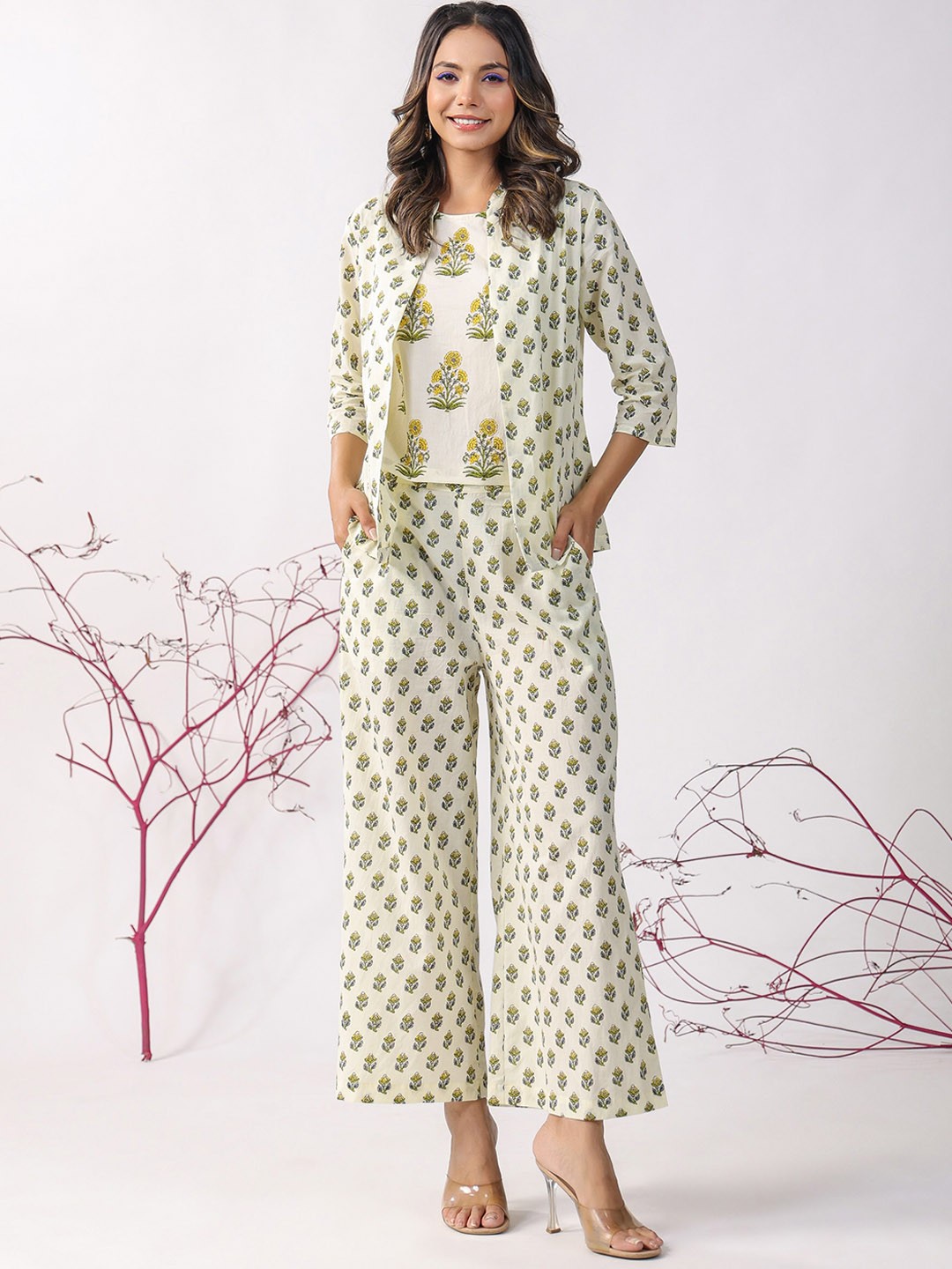 

JISORA Printed Pure Cotton Top With Trousers & Shrug, Green