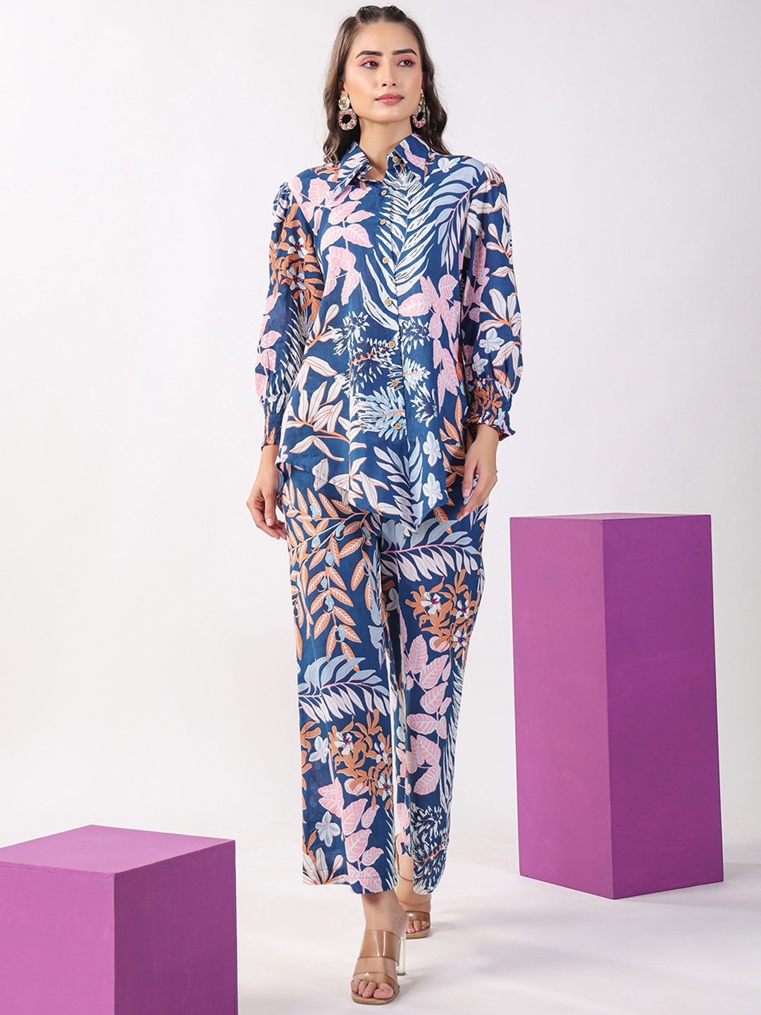 

JISORA Floral Printed Pure Cotton Night suit, Blue