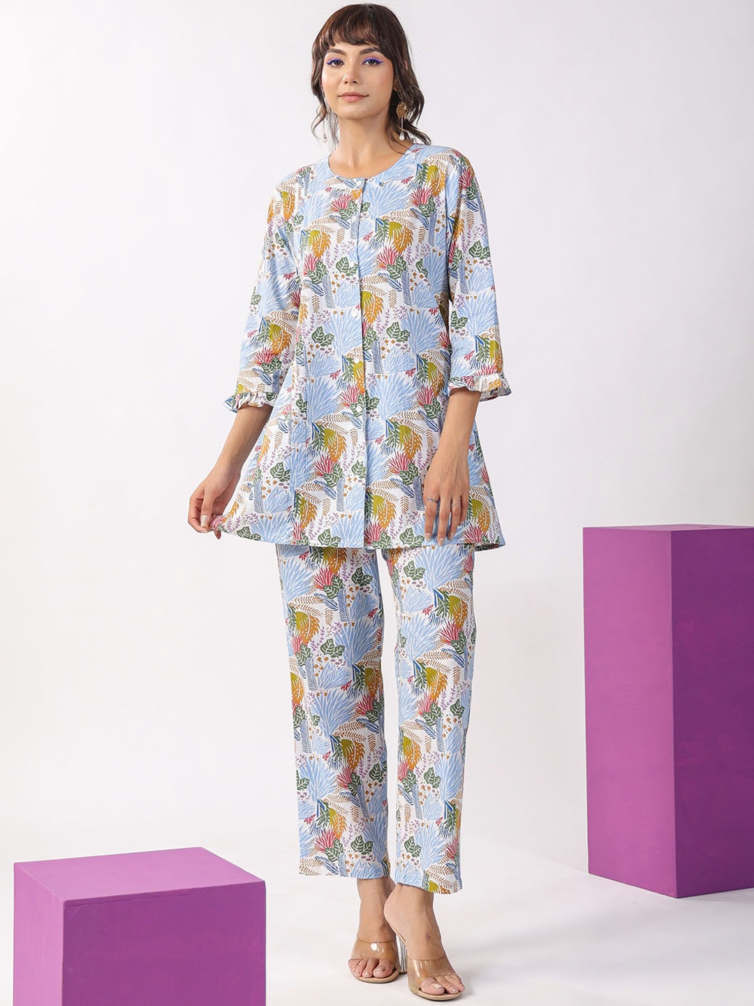

JISORA Floral Printed Pure Cotton Kurti With Pyjama, Blue