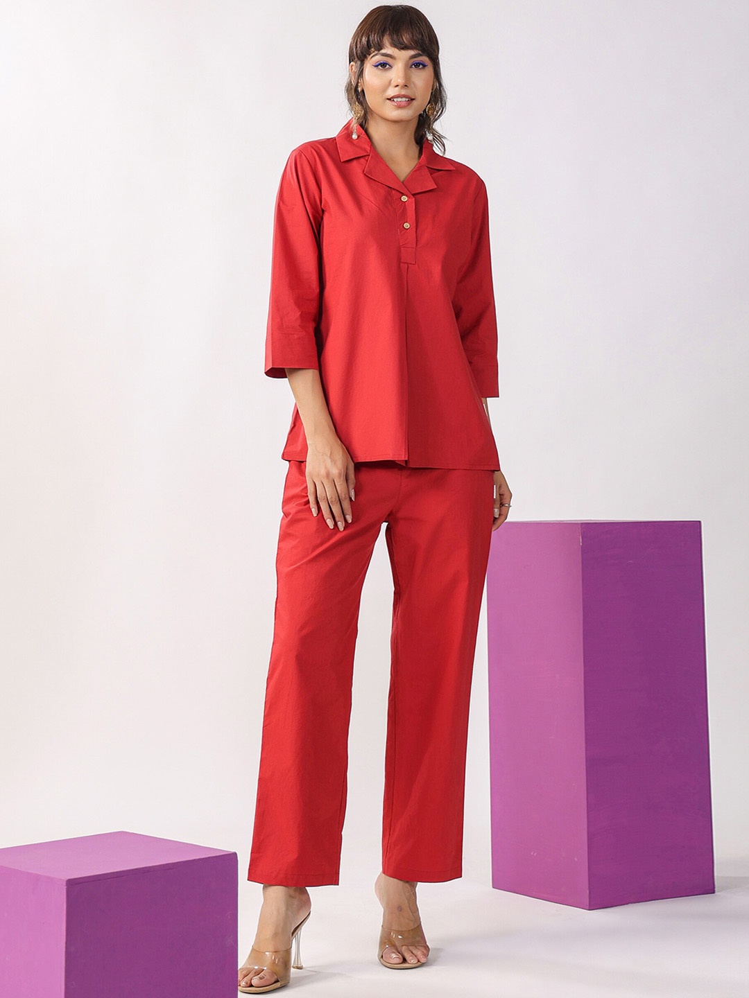 

JISORA Cuban Collar Pure Cotton Top With Trousers, Red
