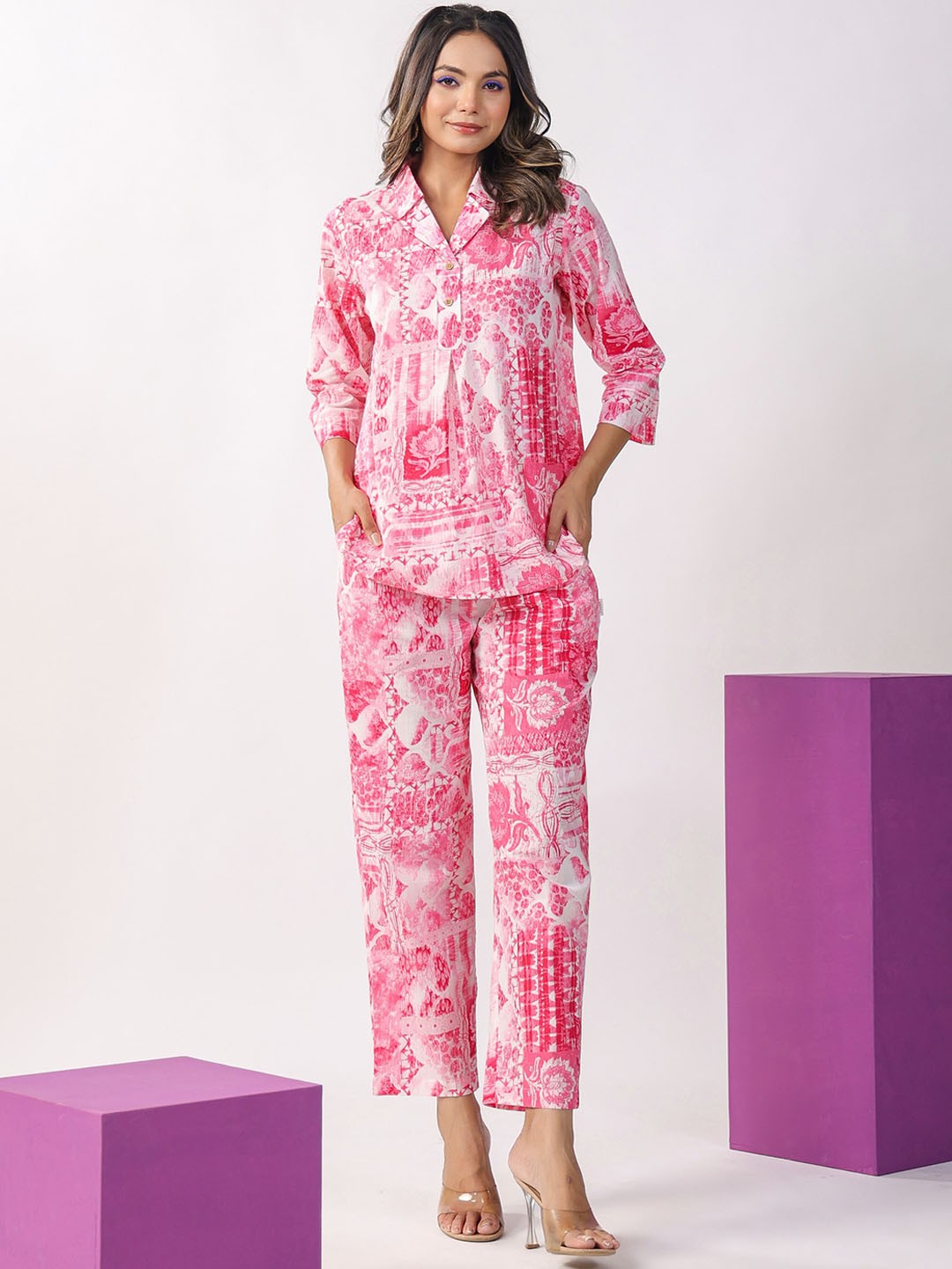 

JISORA Women Floral Printed Pure Cotton Tunic with Trousers, Pink