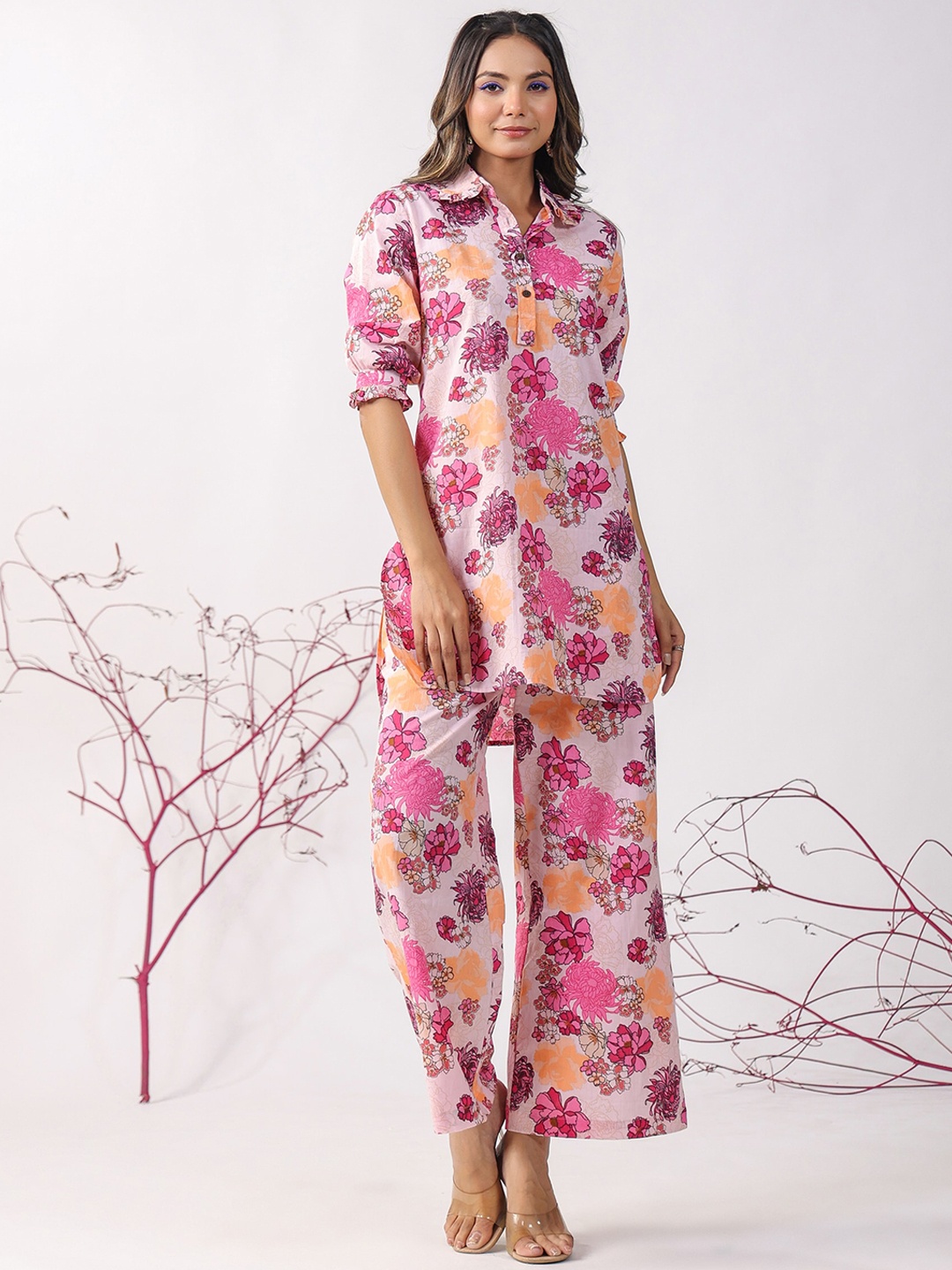 

JISORA Women Pure Cotton Printed Top With Trousers Co-Ords Set, Pink
