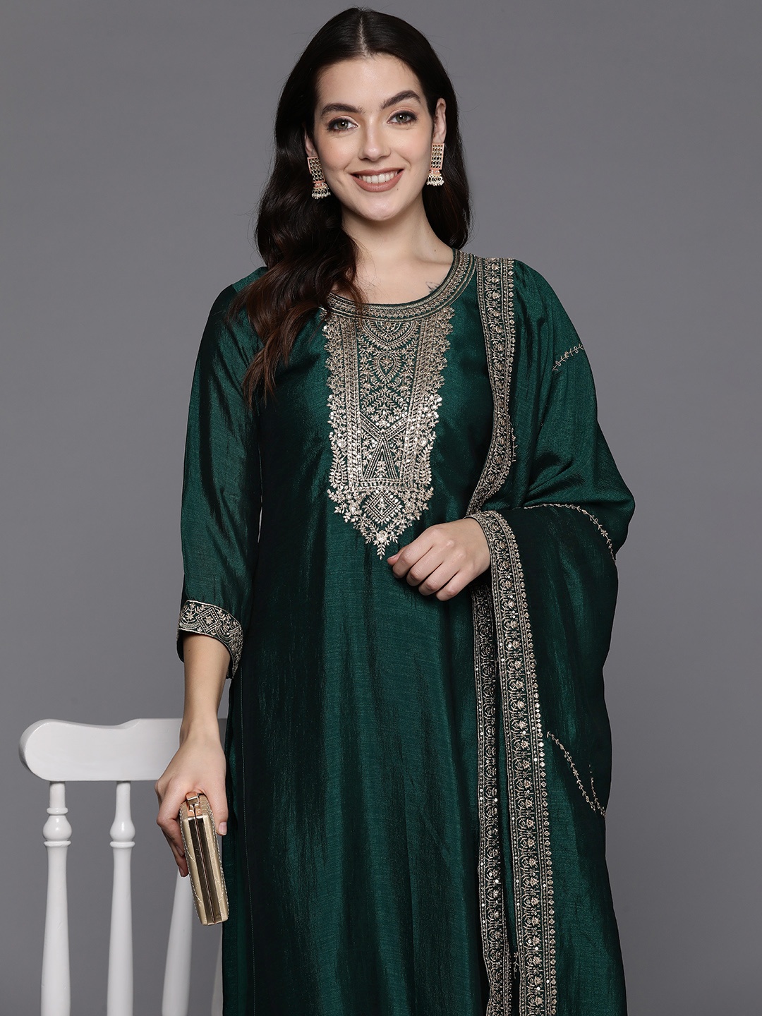 

Indo Era Embroidered Regular Sequinned Kurta with Trousers & Dupatta, Teal