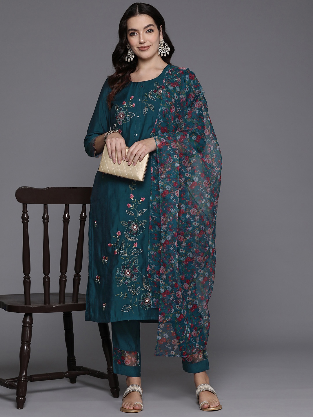 

Indo Era Floral Embroidered Thread Work Kurta with Trousers & Dupatta, Teal