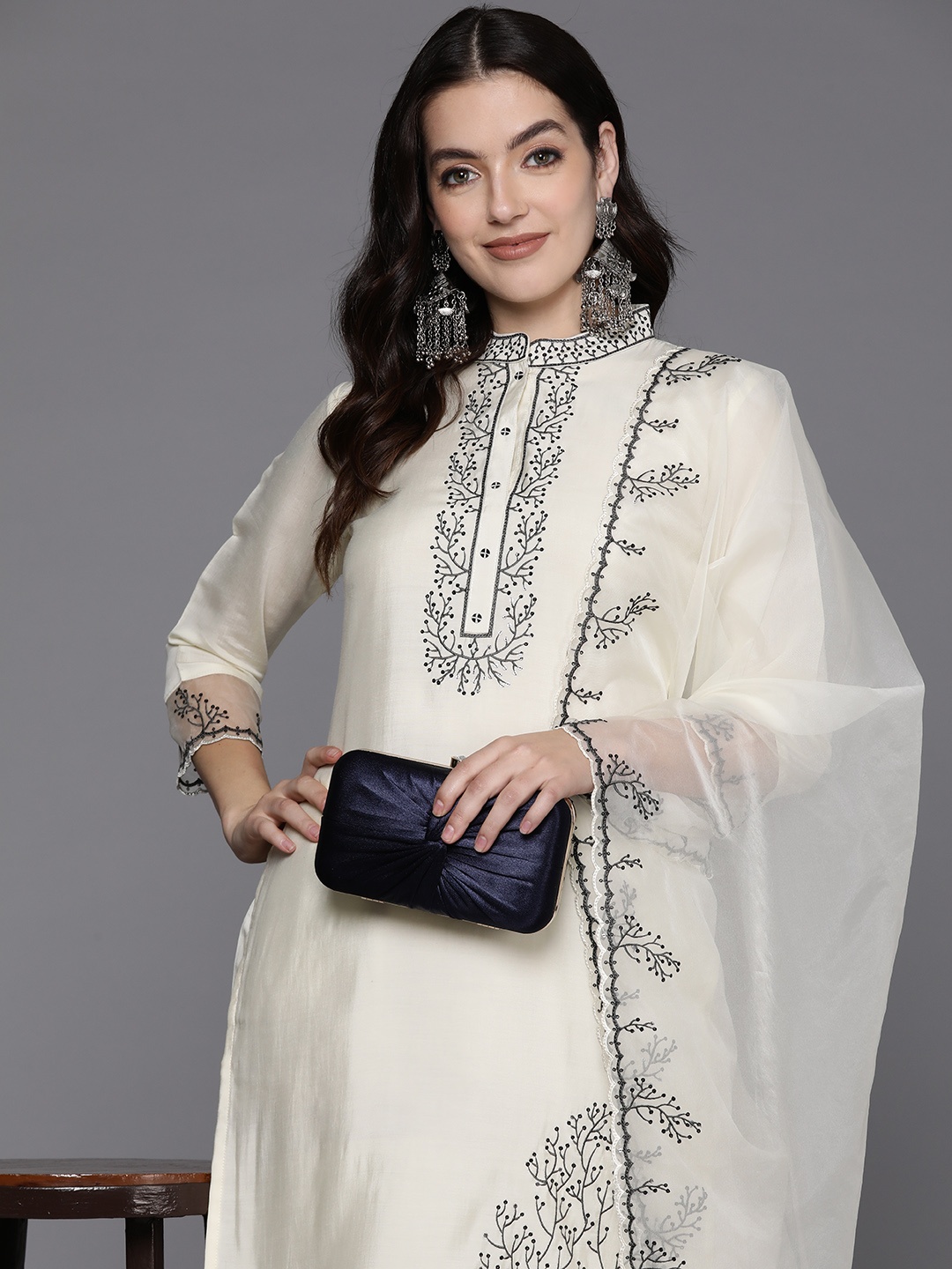 

Indo Era Embroidered Regular Thread Work Kurta with Trousers & Dupatta, Cream