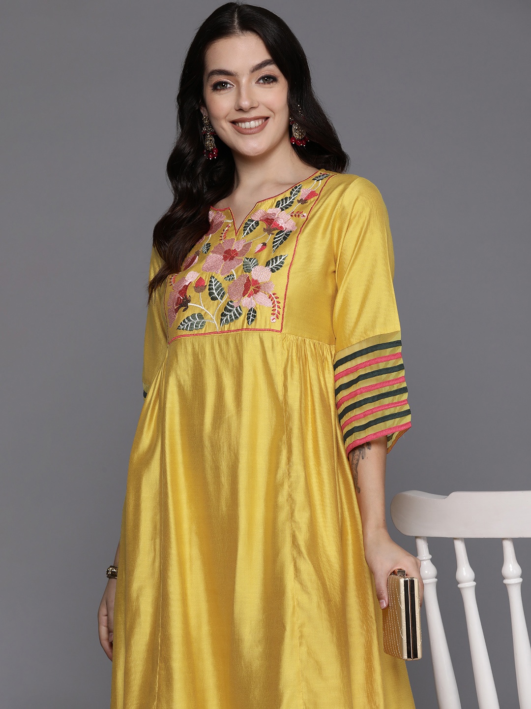 

Indo Era Embroidered Regular Thread Work Kurta with Trousers, Yellow