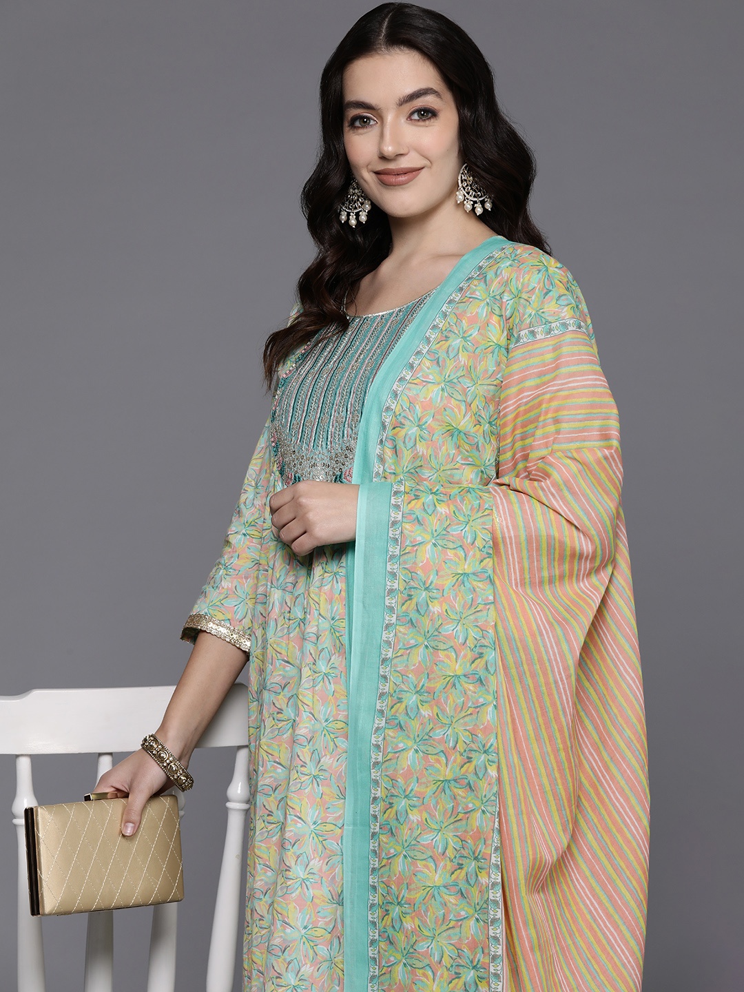 

Indo Era Floral Embroidered Sequinned Pure Cotton Kurta with Trousers & Dupatta, Sea green