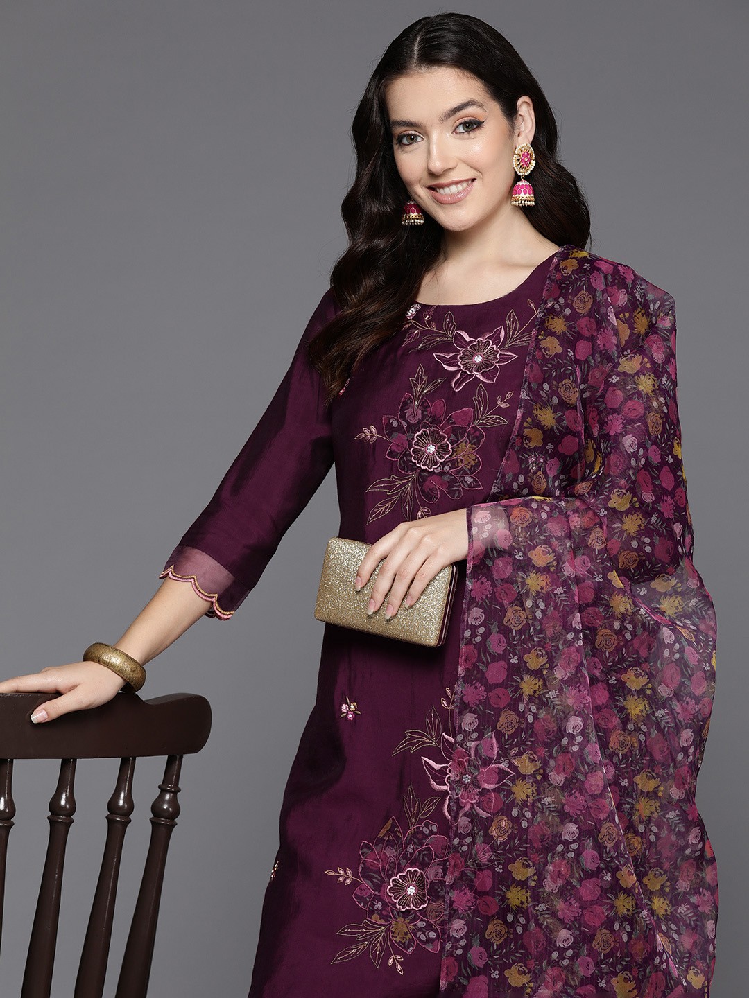 

Indo Era Women Floral Embroidered Regular Thread Work Kurta with Trousers & With Dupatta, Burgundy