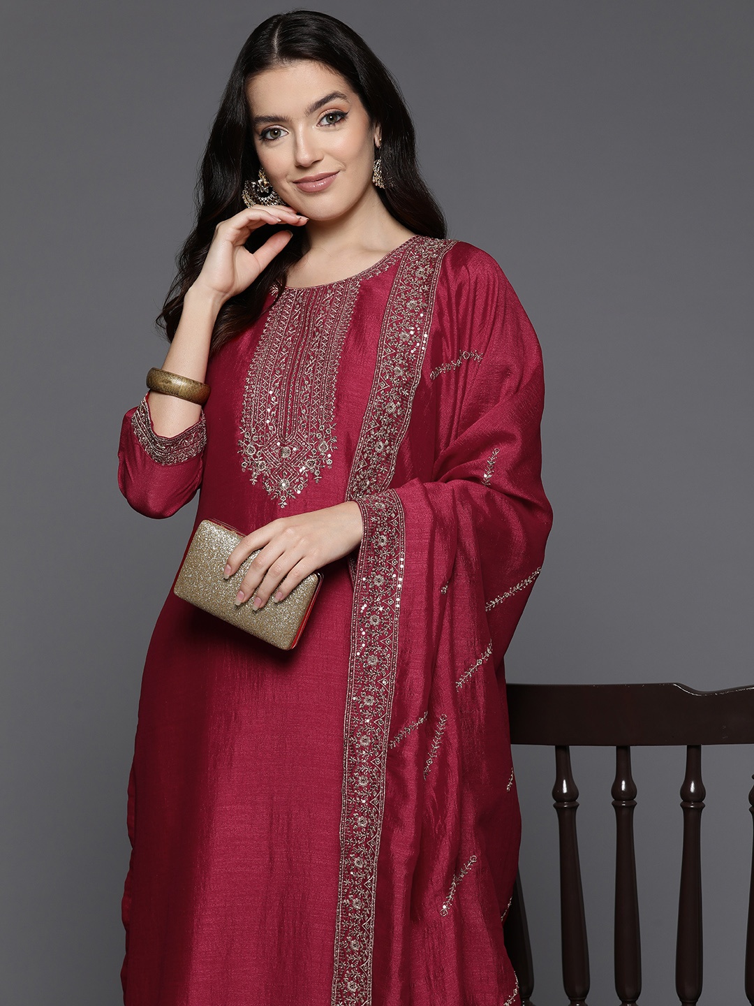 

Indo Era Women Ethnic Motifs Embroidered Sequinned Kurta with Trousers & With Dupatta, Red