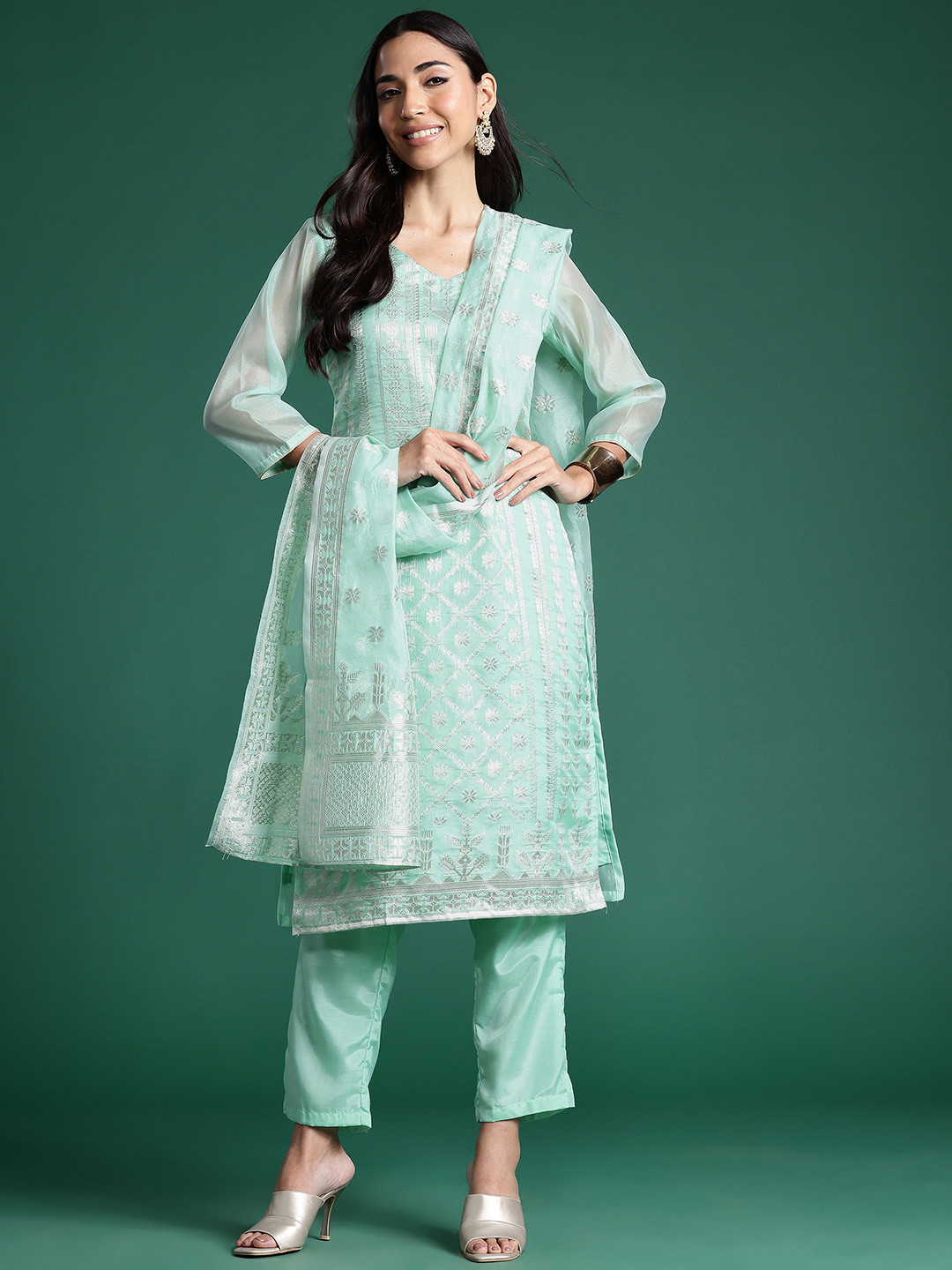 

Indo Era Women Regular Chanderi Silk Kurta with Trousers & With Dupatta, Sea green