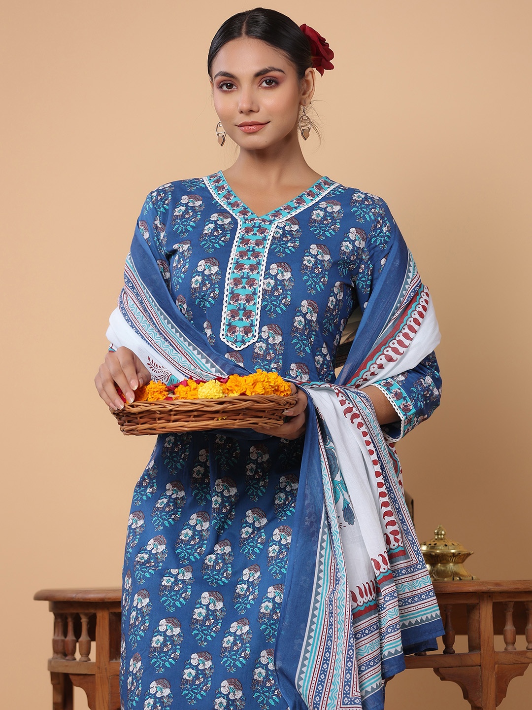 

Indo Era Women Ethnic Motifs Printed Pure Cotton Kurta with Palazzos & With Dupatta, Blue