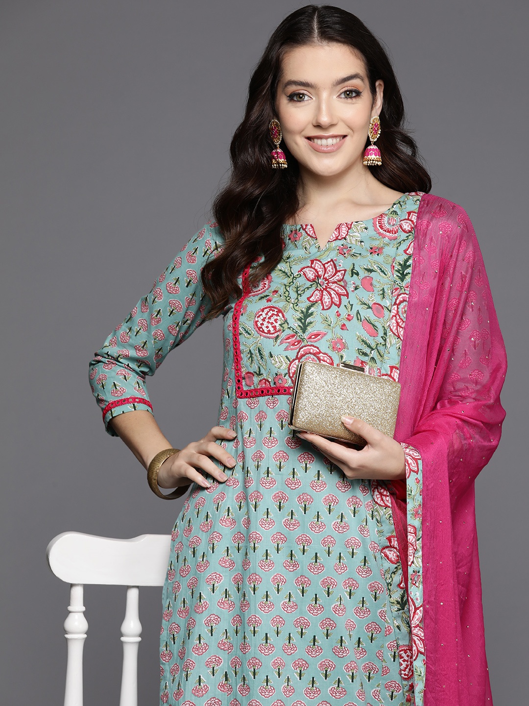 

Indo Era Women Floral Printed Mirror Work Pure Cotton Kurta with Trousers & With Dupatta, Sea green