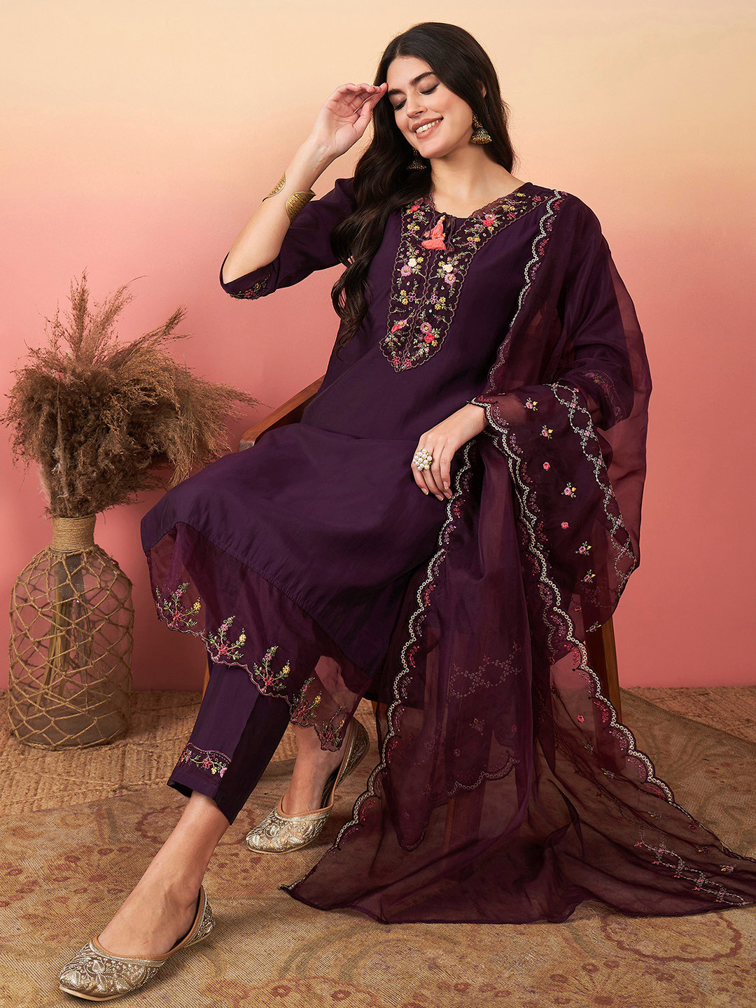 

Indo Era Women Floral Embroidered Regular Thread Work Kurta with Trousers & With Dupatta, Burgundy