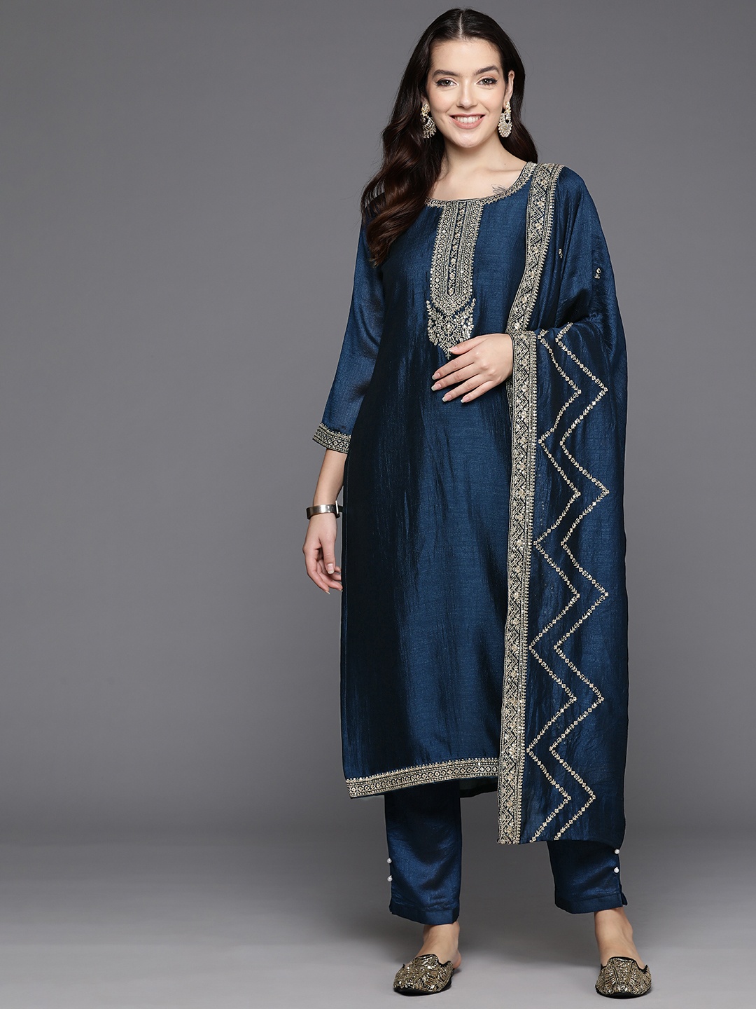 

Indo Era Women Ethnic Motifs Embroidered Sequinned Kurta with Trousers & With Dupatta, Blue