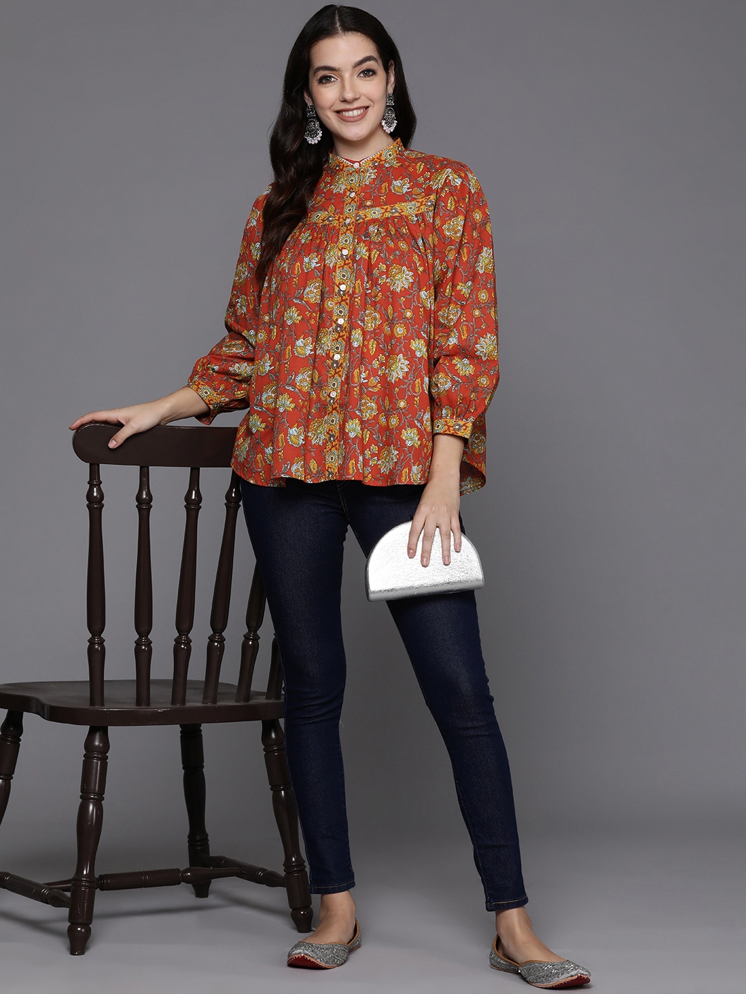 

Indo Era Floral Print Mandarin Collar Puff Sleeves Cotton Shirt Style Top, Rust