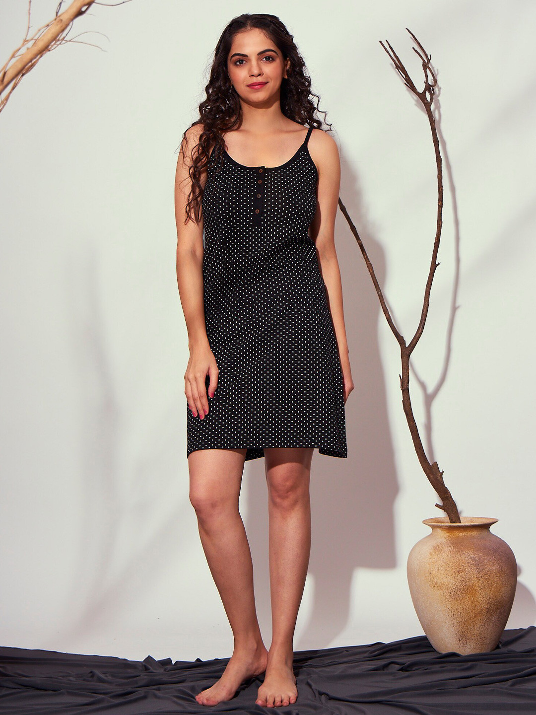 

July Polka Dot Printed T-shirt Nightdress, Black