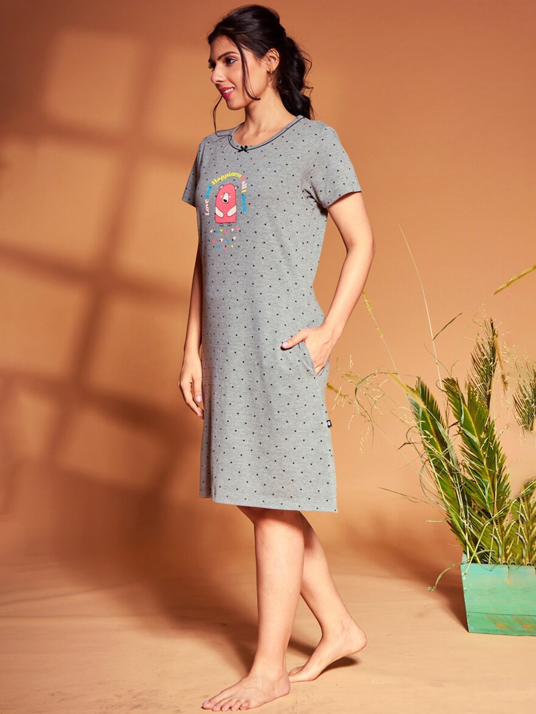 

July Polka Dots Printed T-shirt Nightdress, Grey