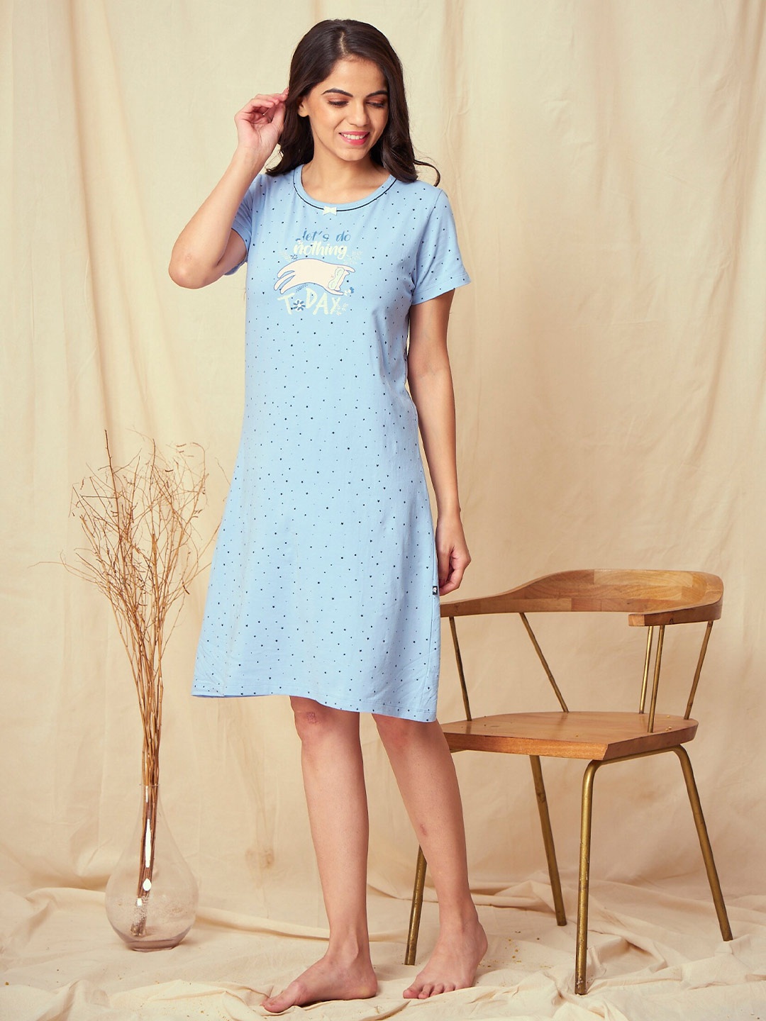 

July Polka Dots Printed T-shirt Nightdress, Blue