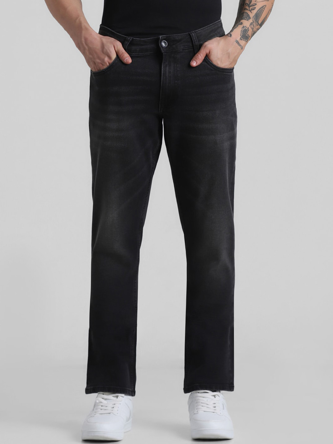 

Jack & Jones Men Clark Mid Rise Clean Look Whiskers Heavy Fade Stretchable Jeans, Black