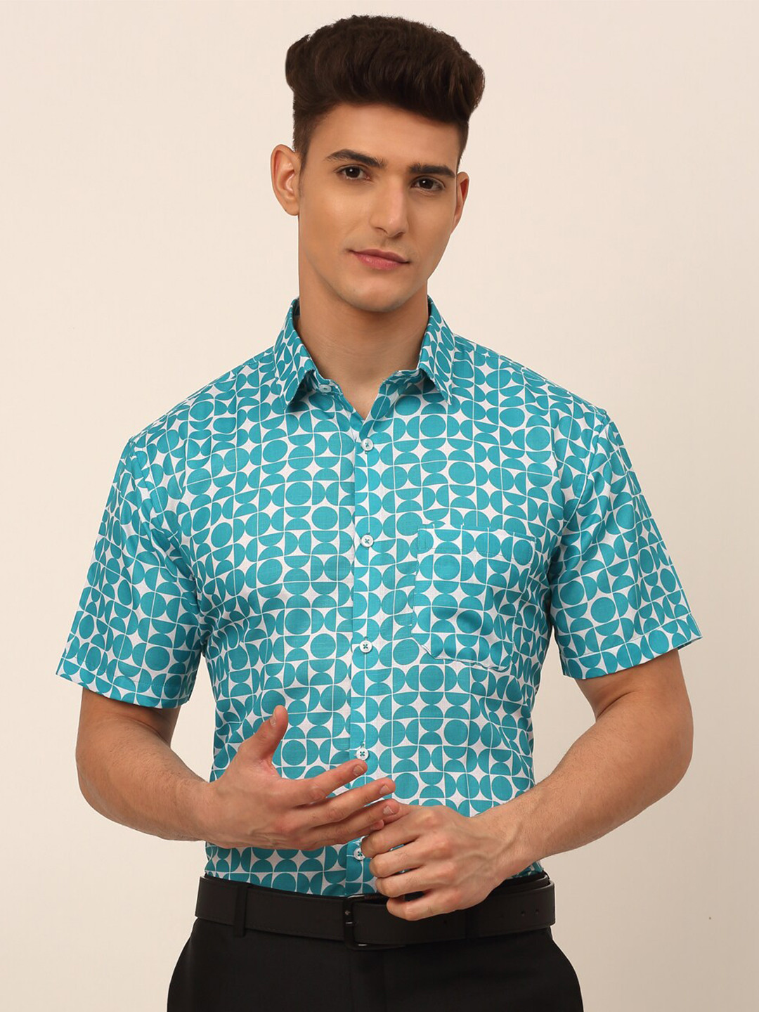 

JAINISH Spread Collar Classic Geoemetric Printed Formal Pure Cotton Shirt, Blue