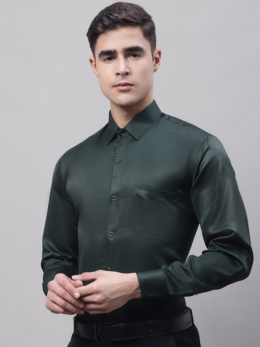 

JAINISH Spread Collar Textured Classic Formal Shirt, Olive