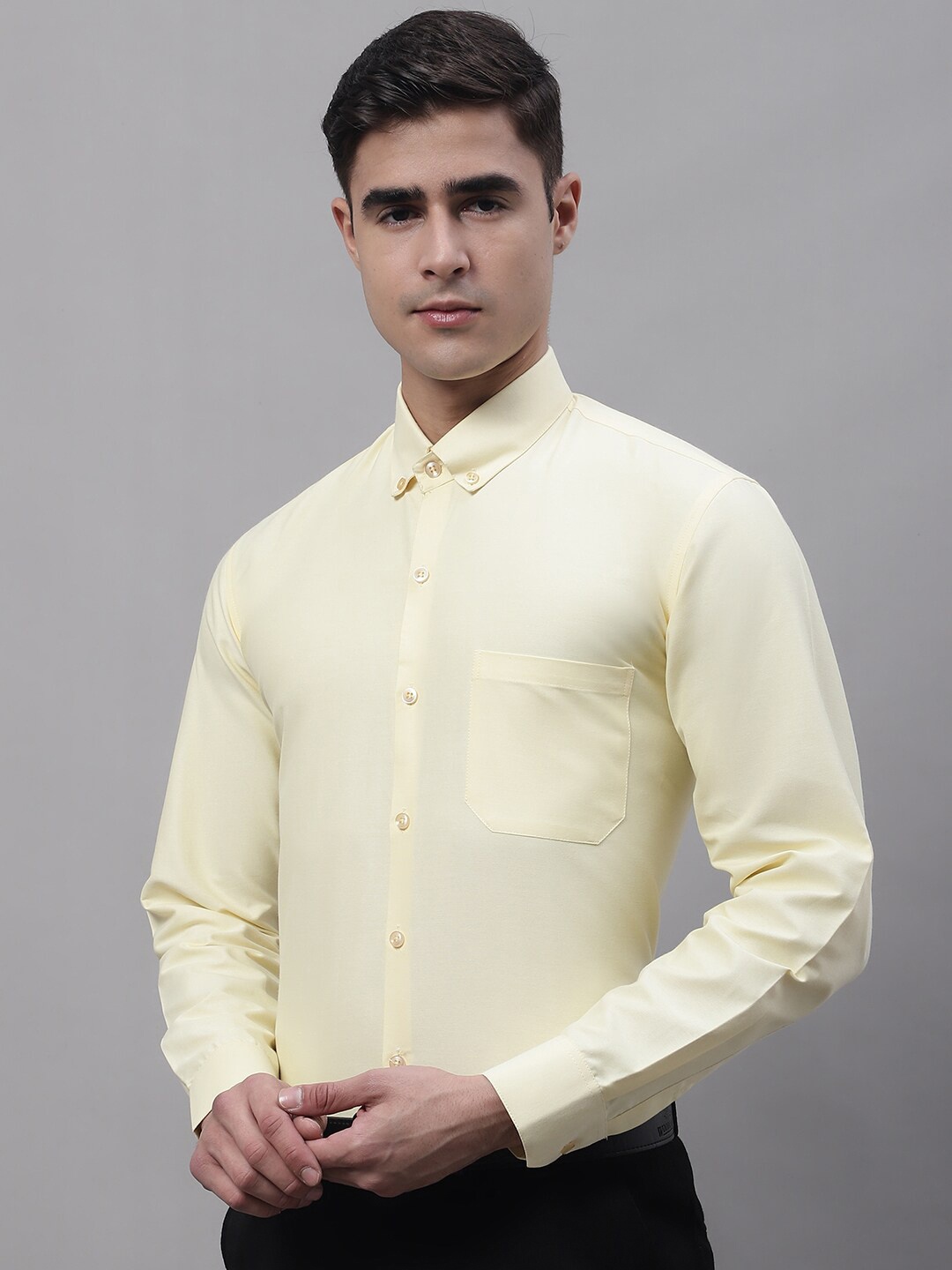 

JAINISH Button-Down Collar Classic Textured Formal Pure Cotton Shirt, Yellow