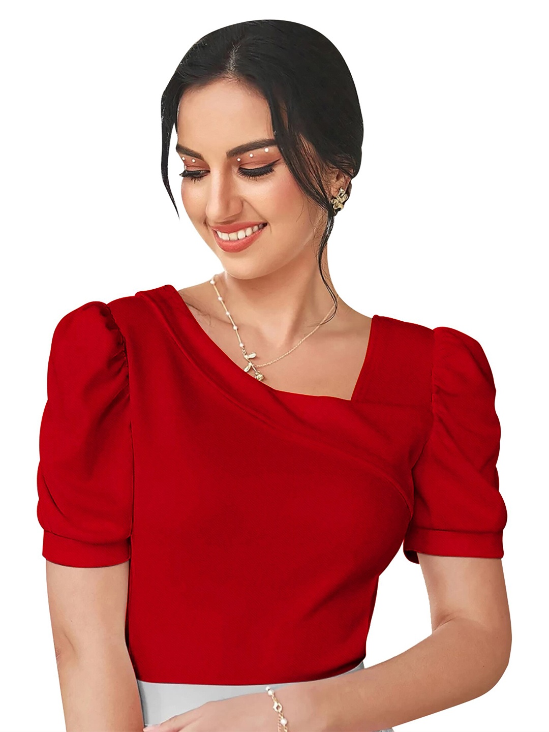 

Dream Beauty Fashion Asymmetric Neck Puff Sleeve Regular Top, Red
