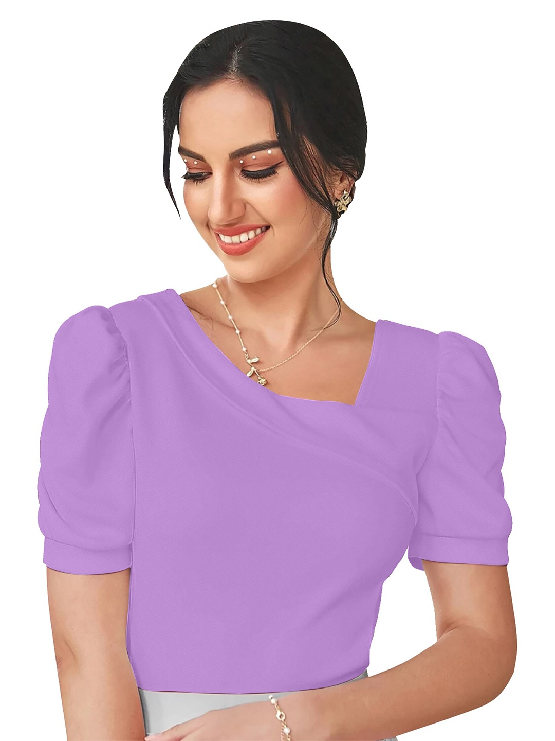 

Dream Beauty Fashion Asymmetric Neck Puff Sleeve Regular Top, Purple