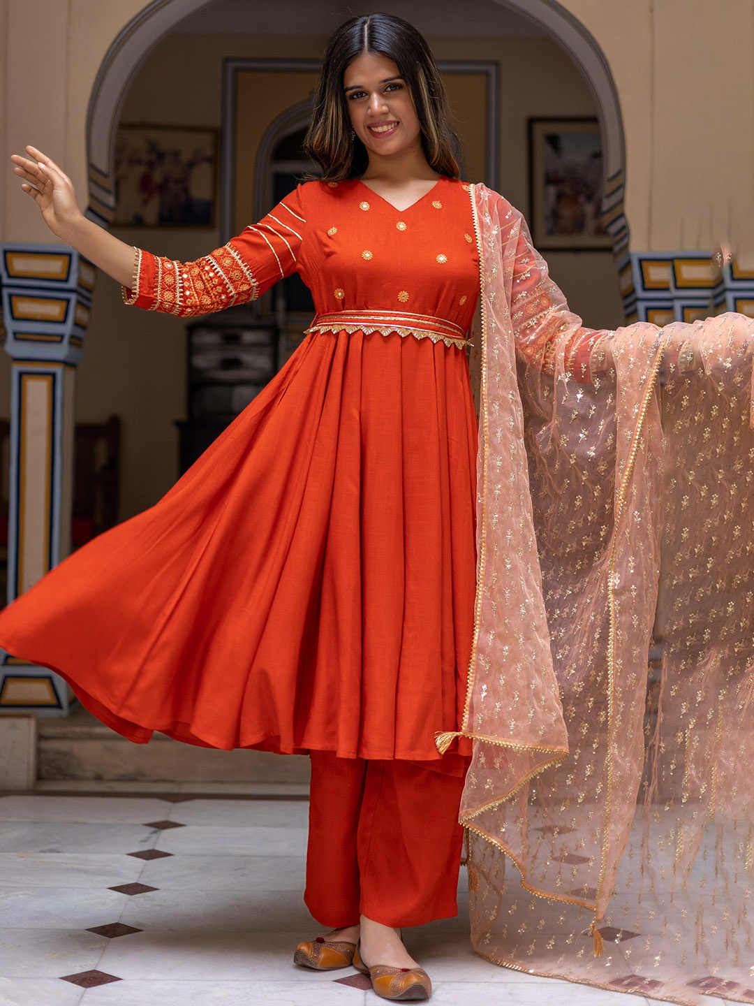 

KASYA Ethnic Motifs Yoke Design Gotta Patti Anarkali Kurta with Palazzos & Dupatta, Rust