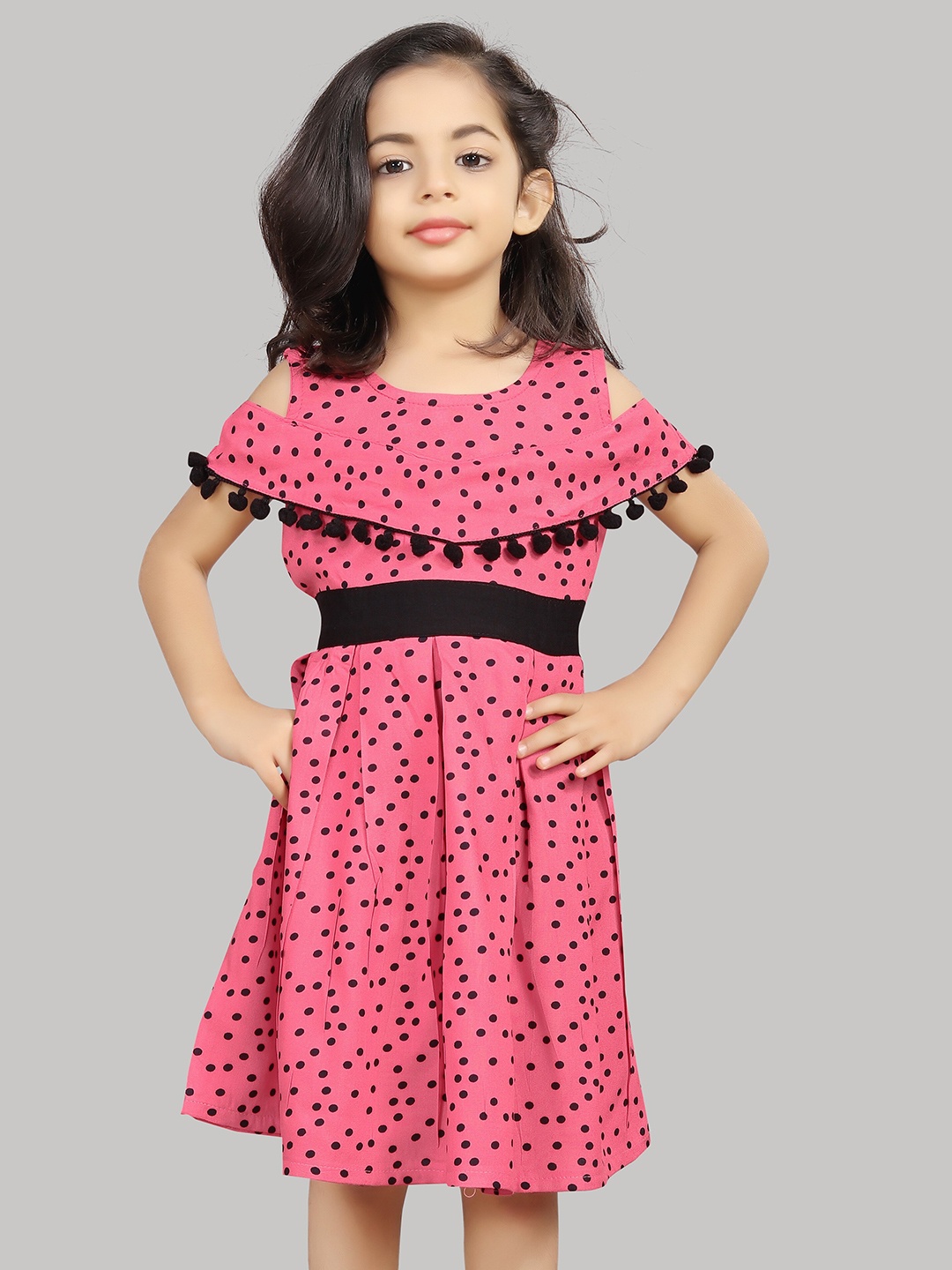 

R K MANIYAR Girls Polka Dot Print Cold-Shoulder Fit & Flare Dress, Pink