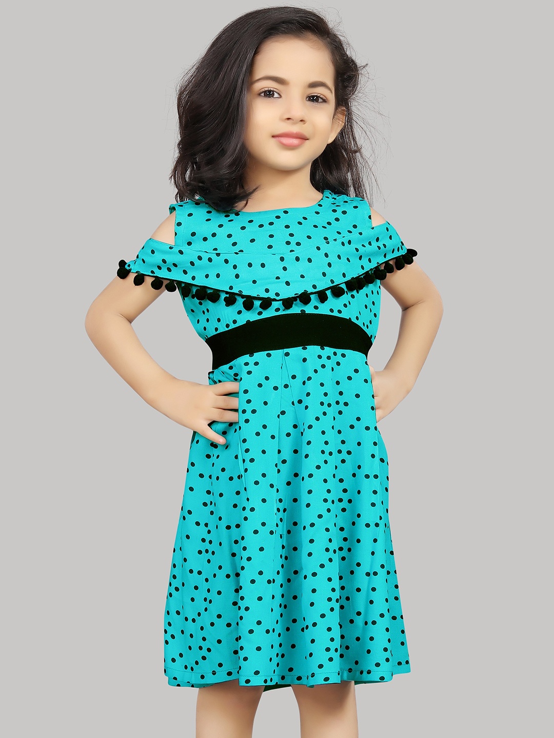 

R K MANIYAR Girls Polka Dot Print Cold-Shoulder Fit & Flare Dress, Teal