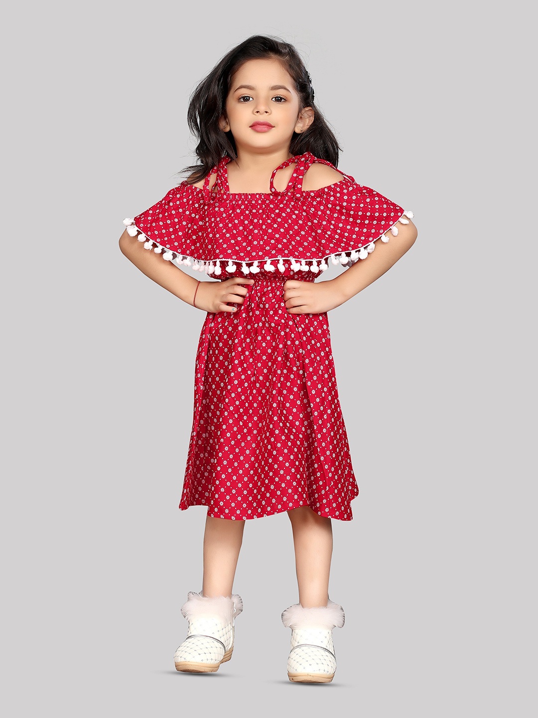 

R K MANIYAR Girls Polka Dot Print Cold-Shoulder Fit & Flare Dress, Red