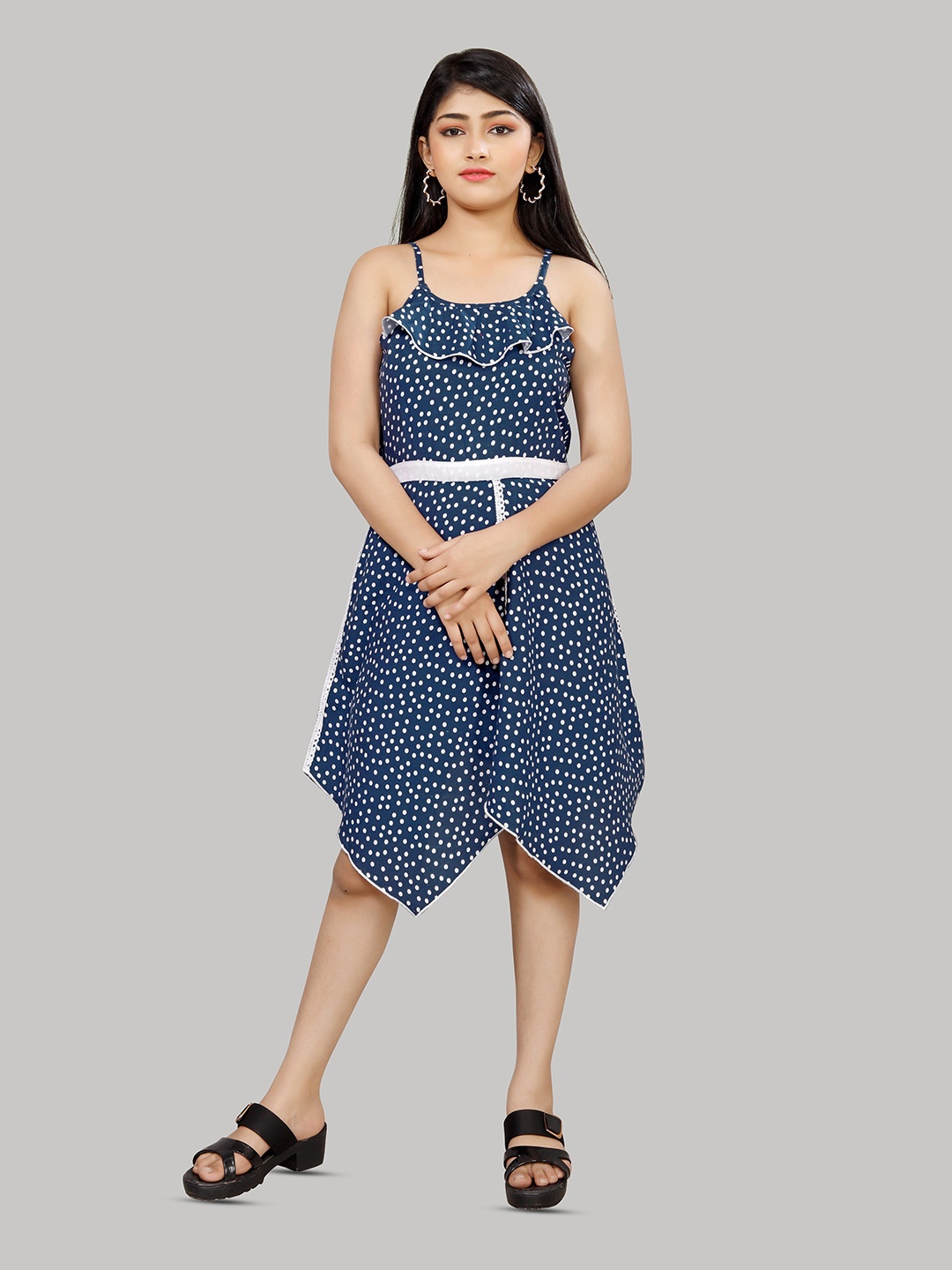 

R K MANIYAR Girls Polka Dot Print A-Line Dress, Navy blue