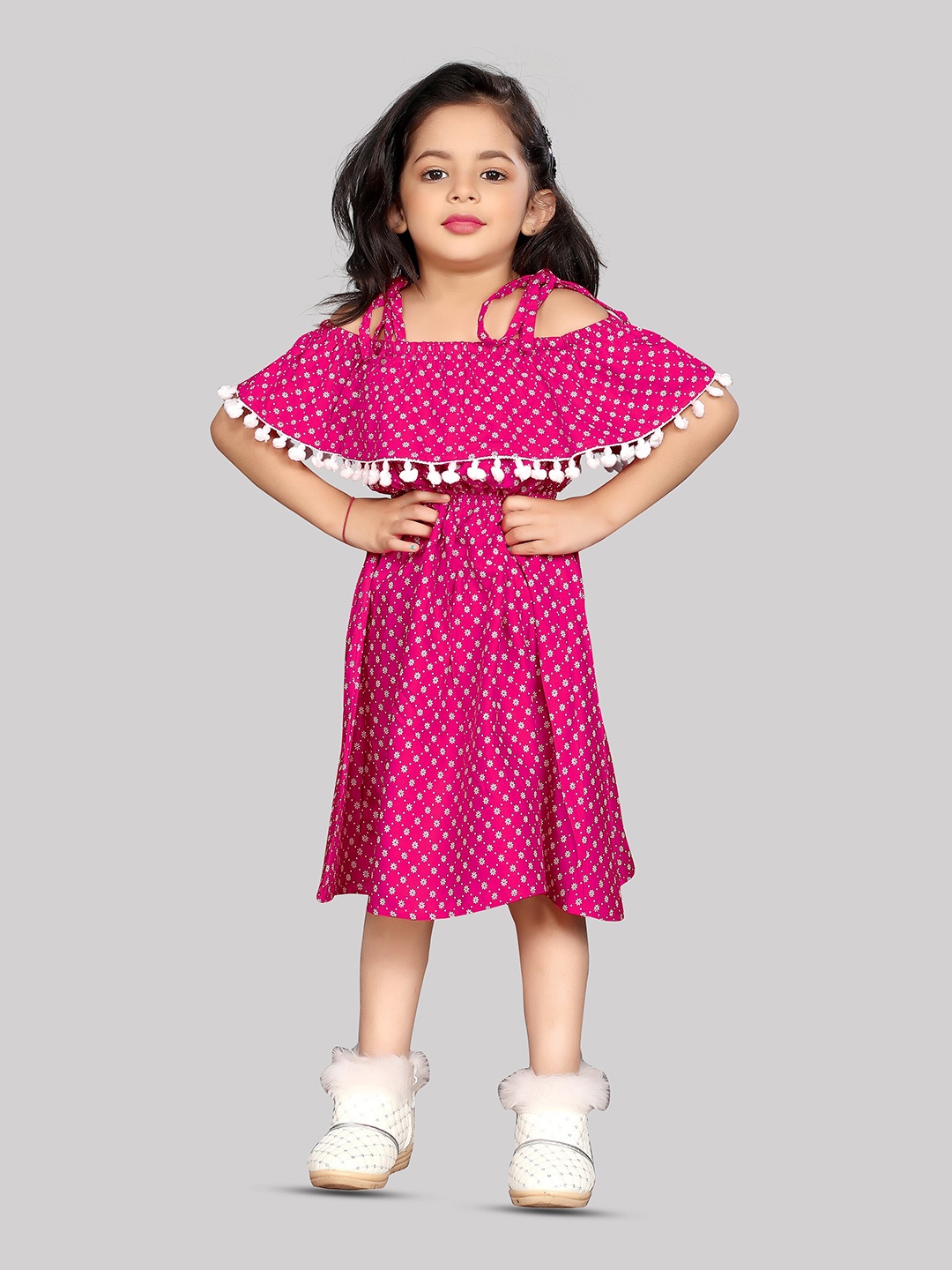 

R K MANIYAR Girls Polka Dot Printed Cold-Shoulder Fit & Flare Dress, Fuchsia