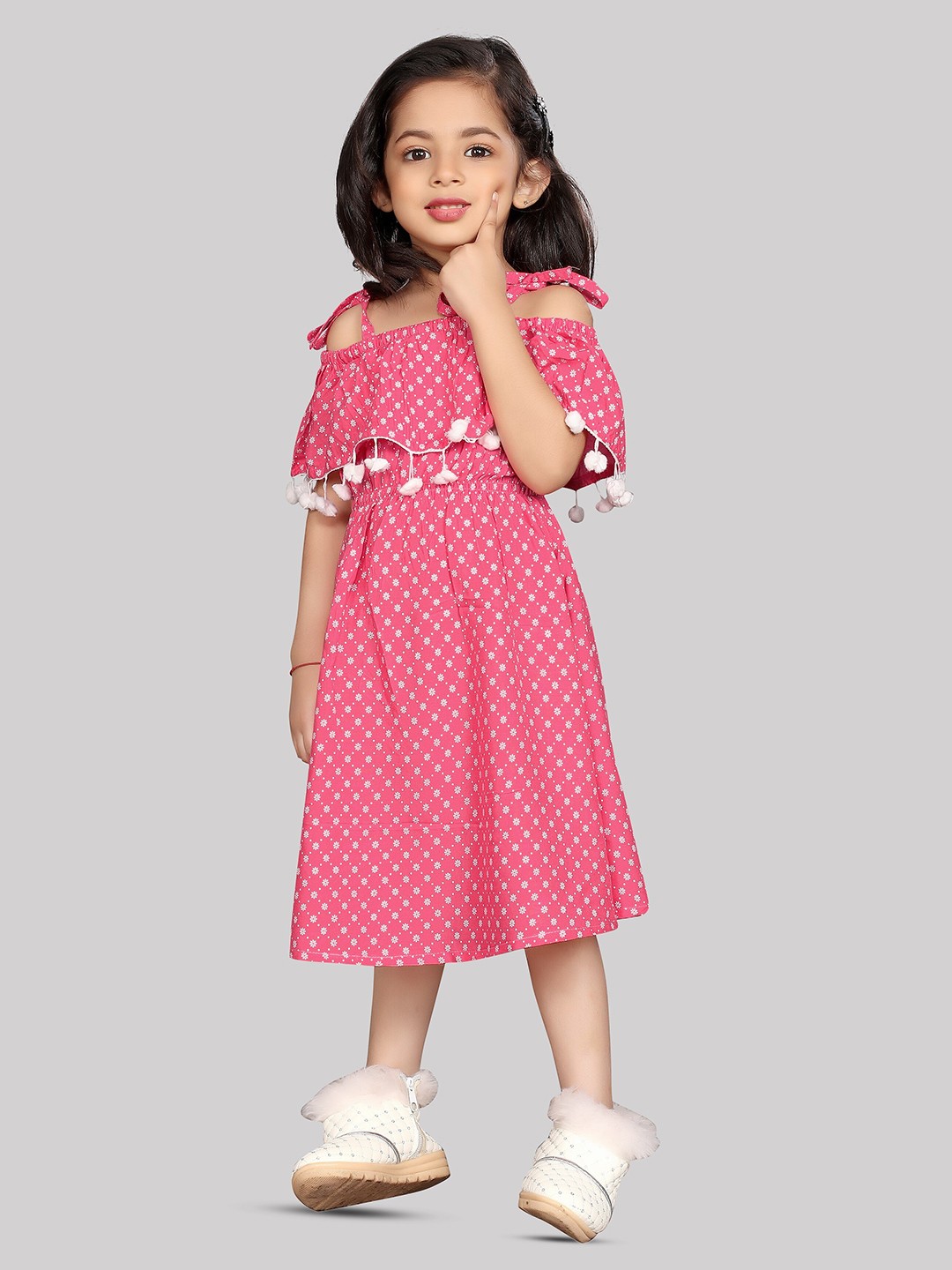 

R K MANIYAR Girls Cold-Shoulder Fit & Flare Midi Dress, Pink