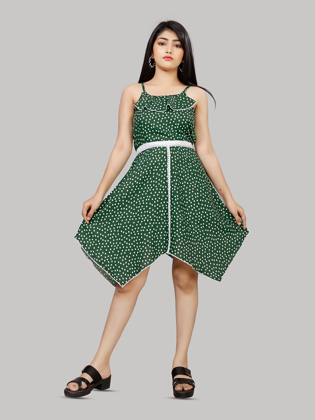 

R K MANIYAR Girls Polka Dot Printed Shoulder Strap A-Line Midi Dress, Green
