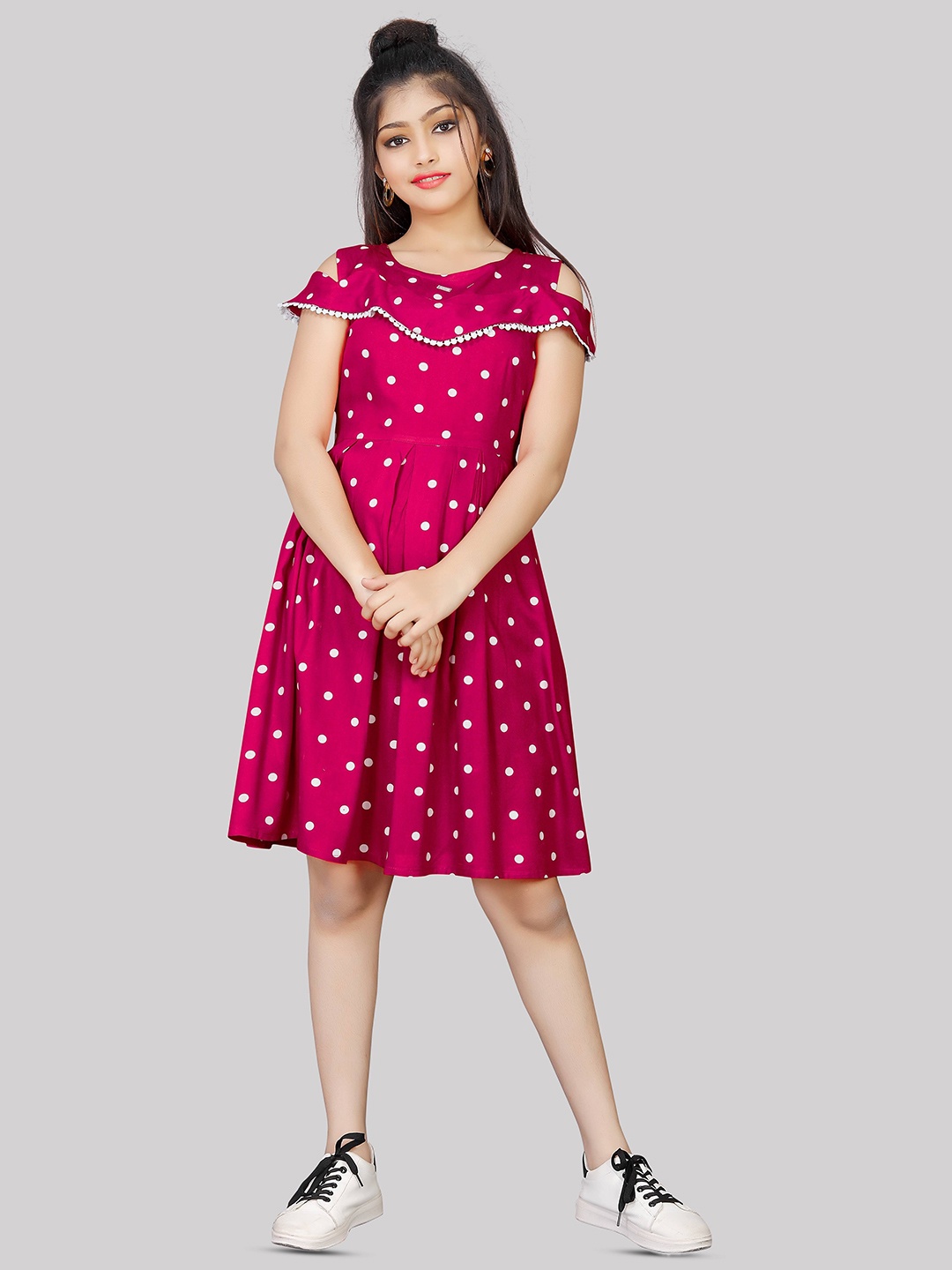 

R K MANIYAR Girls Polka Dot Printed Cold Shoulder Sleeves Fit & Flare Above Knee Dress, Fuchsia