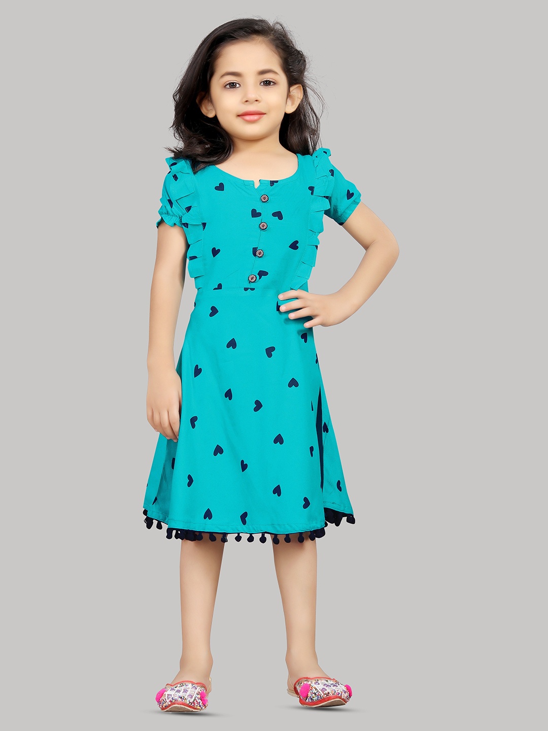 

R K MANIYAR Girls Conversational Printed Ruffled A-Line Midi Dress, Teal